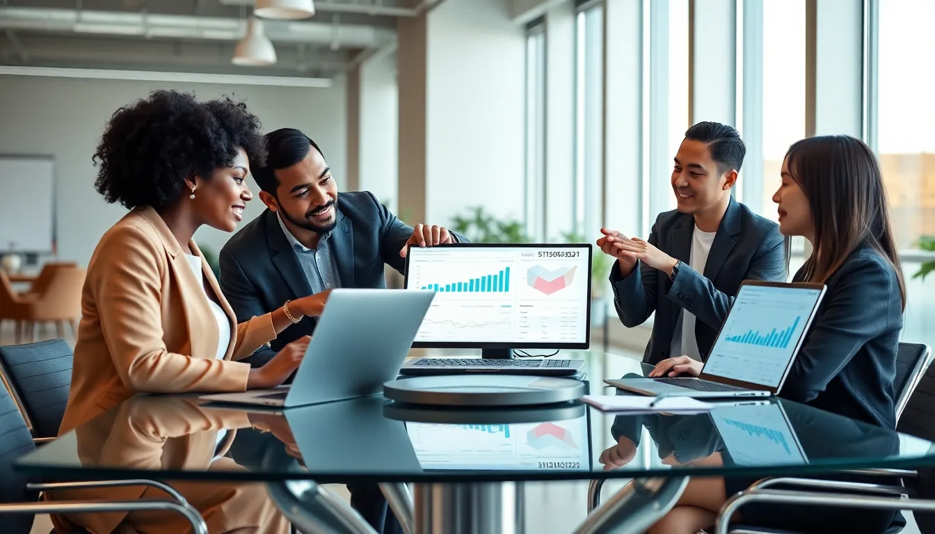 diverse professionals collaborating over data analytics in a modern office.